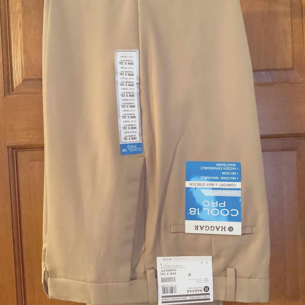 Haggar Cool 18 Pro Flat Front Pants, 38W x32L, Tan, NWT